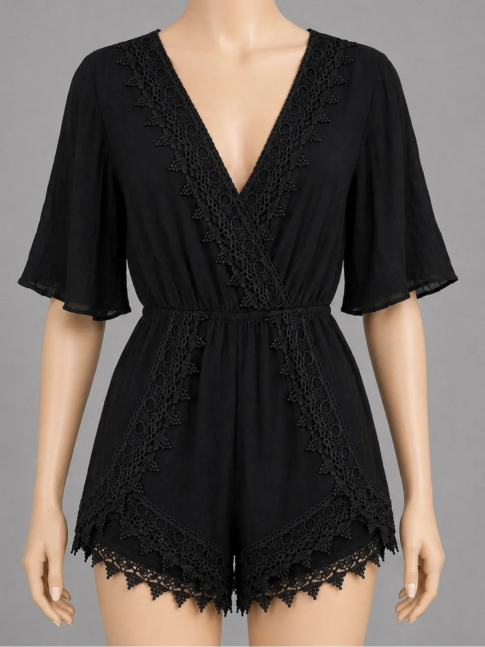 Vintage Boho Festival Chic Black Embroidered Eyelet Shorts Jumpsuit Romper